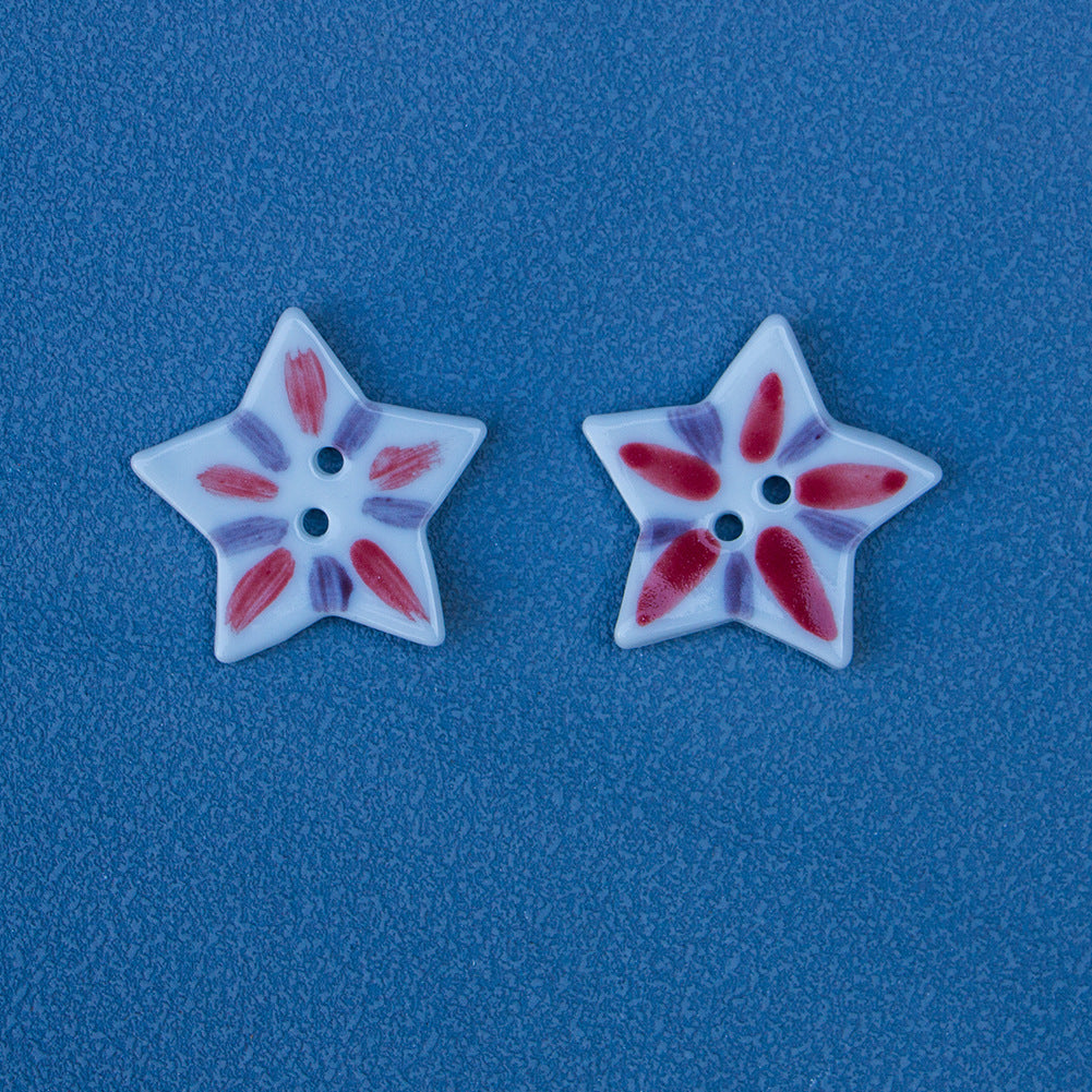 30mm Hand Painted Red Purple Matchstick Patterned Star-Shaped Ceramic Buttons 6pcs