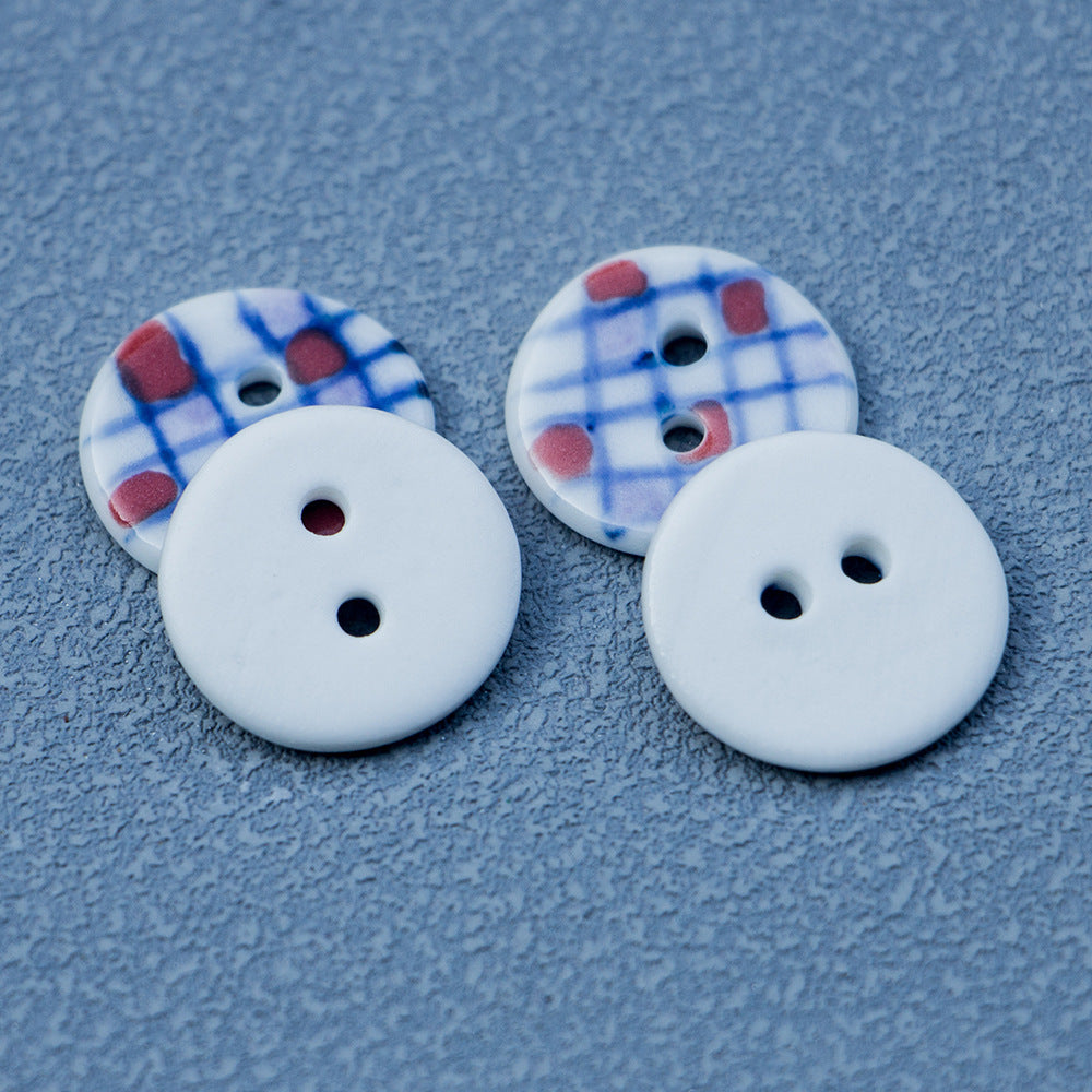 17.5mm Round 2 Hole Hand-Painted Blue Plaid Ceramic Buttons 6PCS