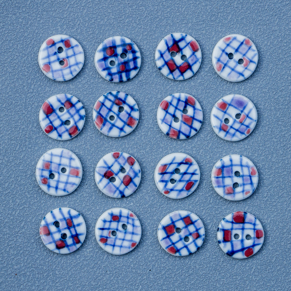 17.5mm Round 2 Hole Hand-Painted Blue Plaid Ceramic Buttons 6PCS