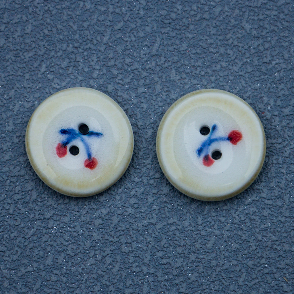 16mm Hand-Painted Ceramic Buttons with Cherry Pattern Brown Border 4PCS