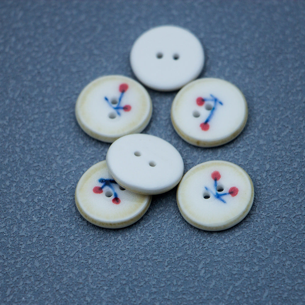 16mm Hand-Painted Ceramic Buttons with Cherry Pattern Brown Border 4PCS