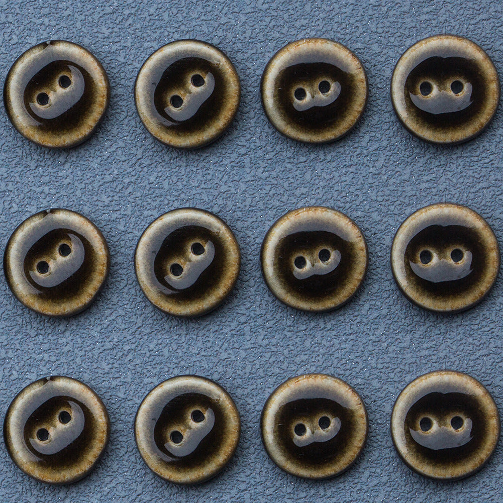 14mm Round 2Hole Black and Brown Handmade Glazed Ceramic Buttons 10pcs