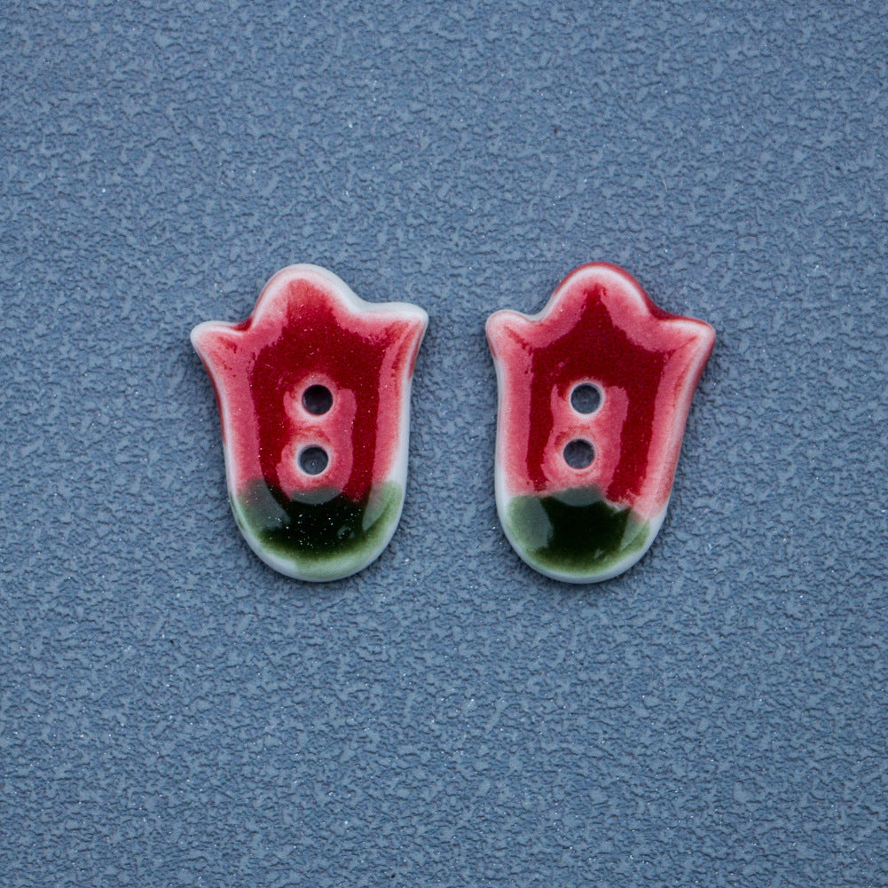 24mm Red Tulip 2 Hole Handmade DIY Ceramic Buttons 5pcs
