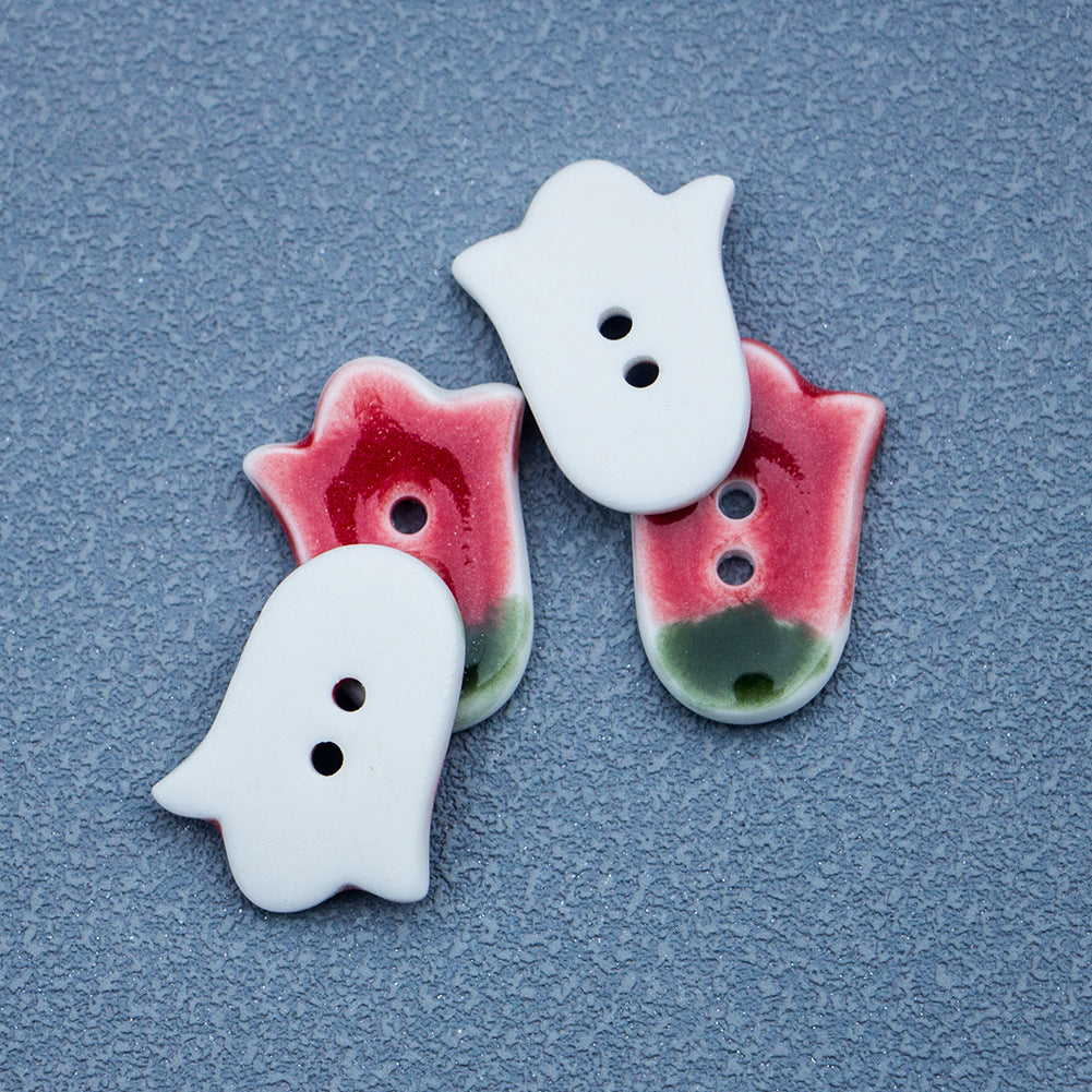 24mm Red Tulip 2 Hole Handmade DIY Ceramic Buttons 5pcs