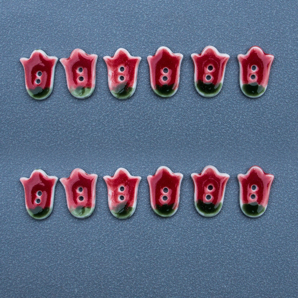 24mm Red Tulip 2 Hole Handmade DIY Ceramic Buttons 5pcs