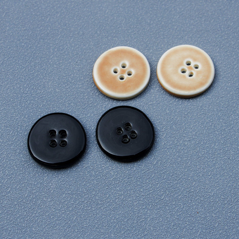 28mm Bottoni Ceramica Fatti a Mano Tondi Neri e Khaki a 4 Fori 6pz
