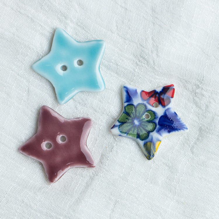 30mm Burgundy and Light Blue Star Shaped 2 Hole Handmade Ceramic Buttons 10pcs