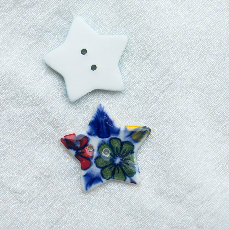 30mm Burgundy and Light Blue Star Shaped 2 Hole Handmade Ceramic Buttons 10pcs