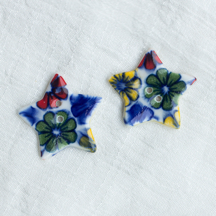 30mm Burgundy and Light Blue Star Shaped 2 Hole Handmade Ceramic Buttons 10pcs