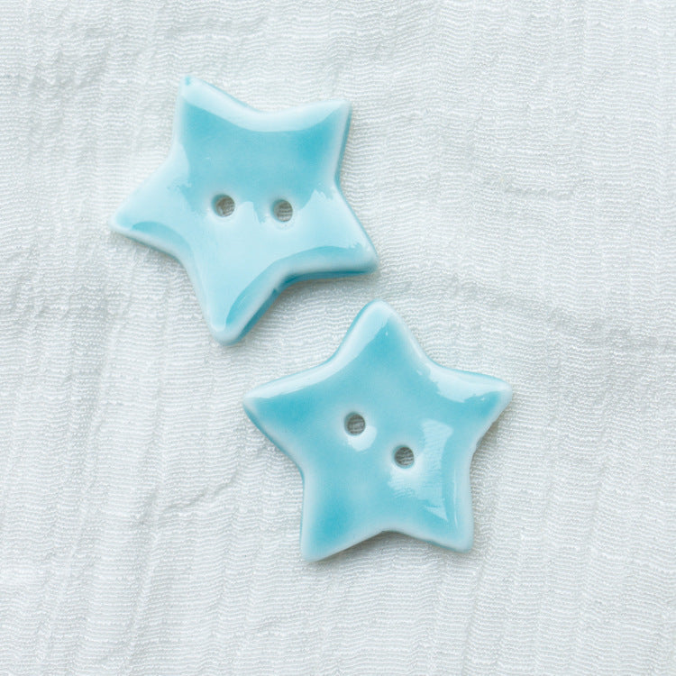 30mm Burgundy and Light Blue Star Shaped 2 Hole Handmade Ceramic Buttons 10pcs