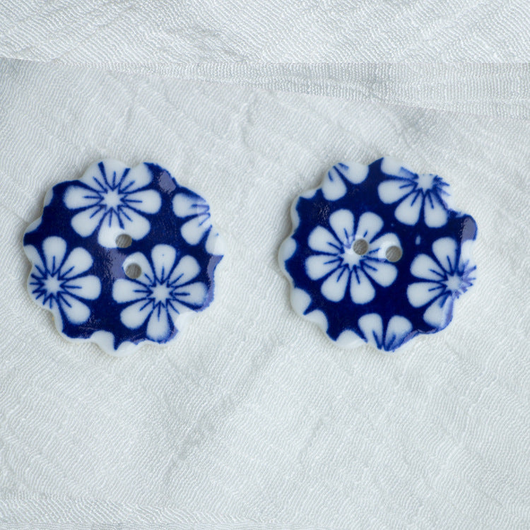 30mm 2-Hole Handmade DIY Ceramic Buttons Blue and White Flower Pattern 10pcs
