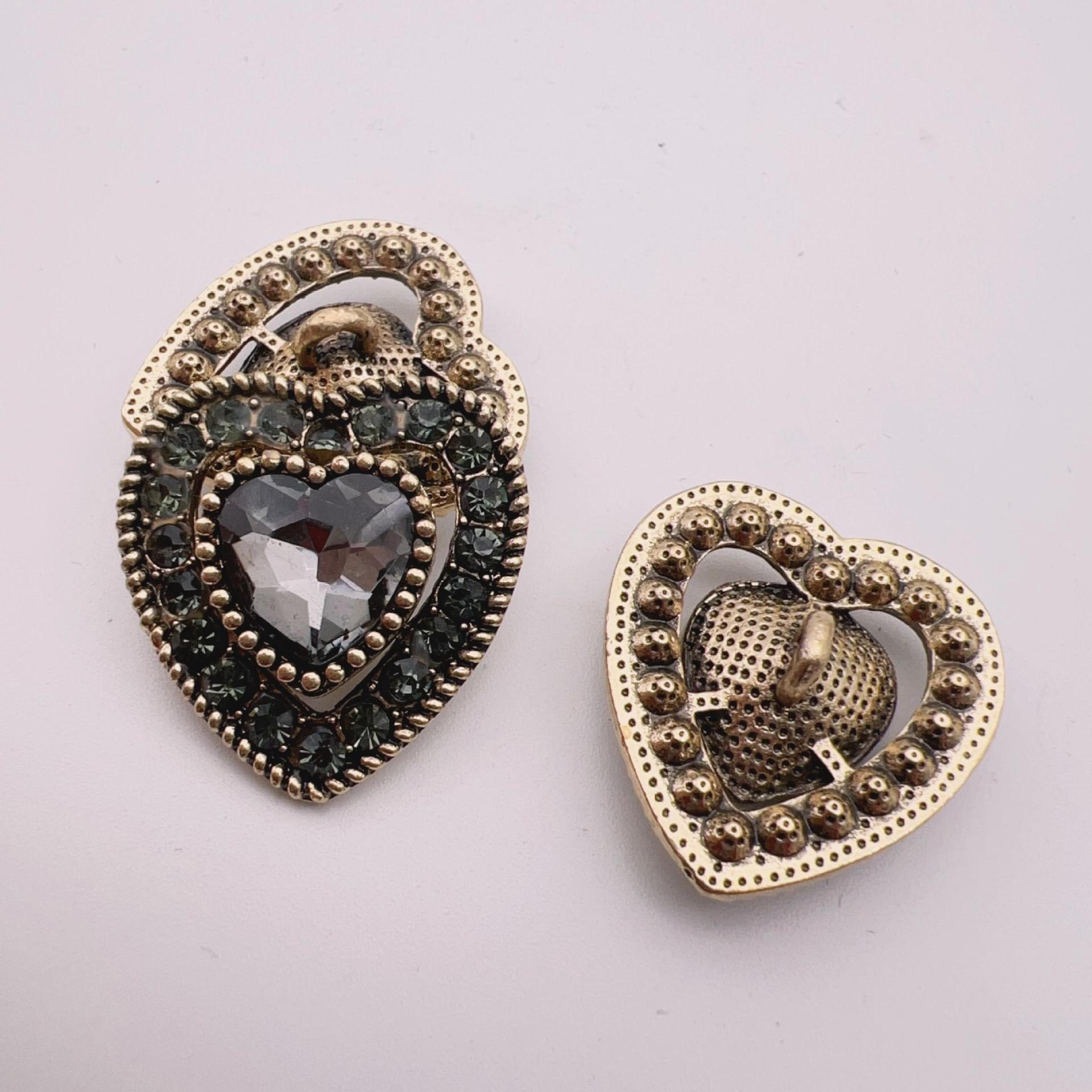 25mm Vintage Heart Shaped Crystal Metal Shank Buttons 10pcs