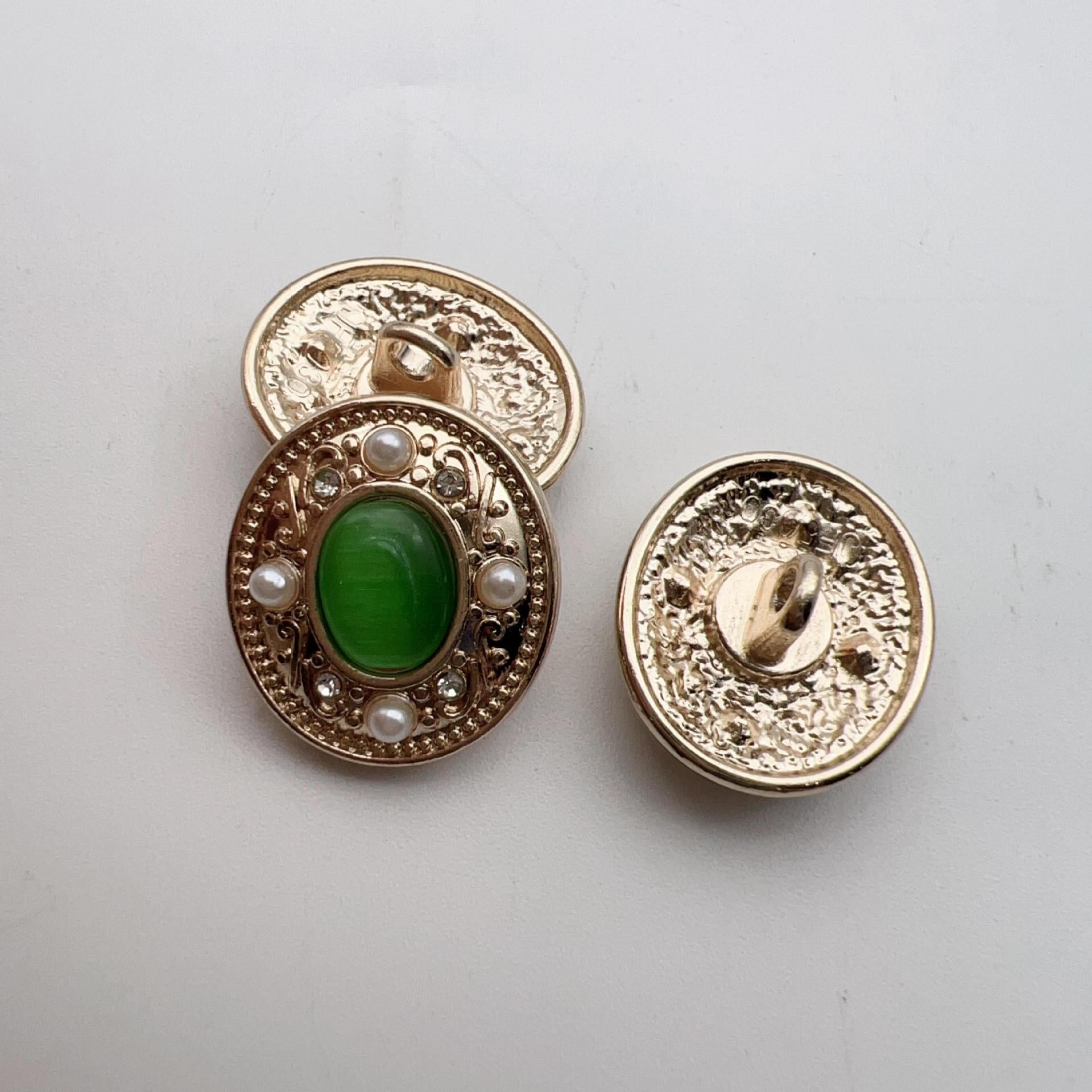 25mm Vintage Green Crystal Bead Metal Shank Buttons 48 Pack