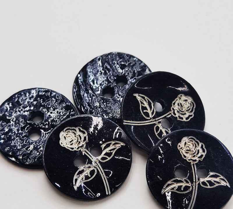 24L (15mm) Black Printed Mother of Pearl Shell Buttons 100pcs