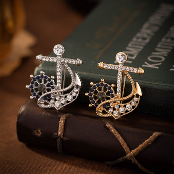 Navy Full Diamond Ship's Helm Anchor Pin Brooch 2 Pack - Lots of Buttons
