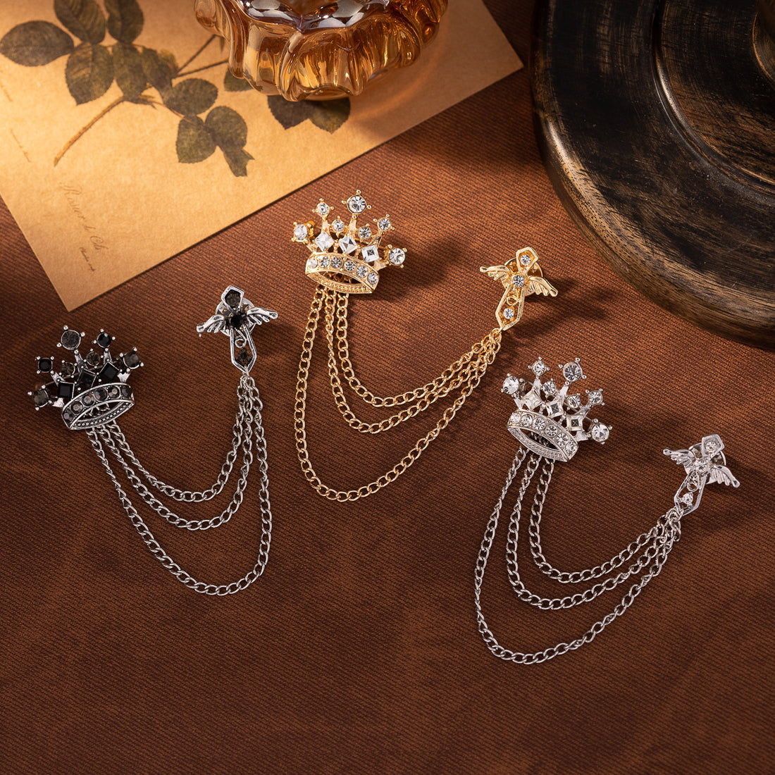 Men's Crown Chain Metal Brooch Pin 3pcs - Lots of Buttons