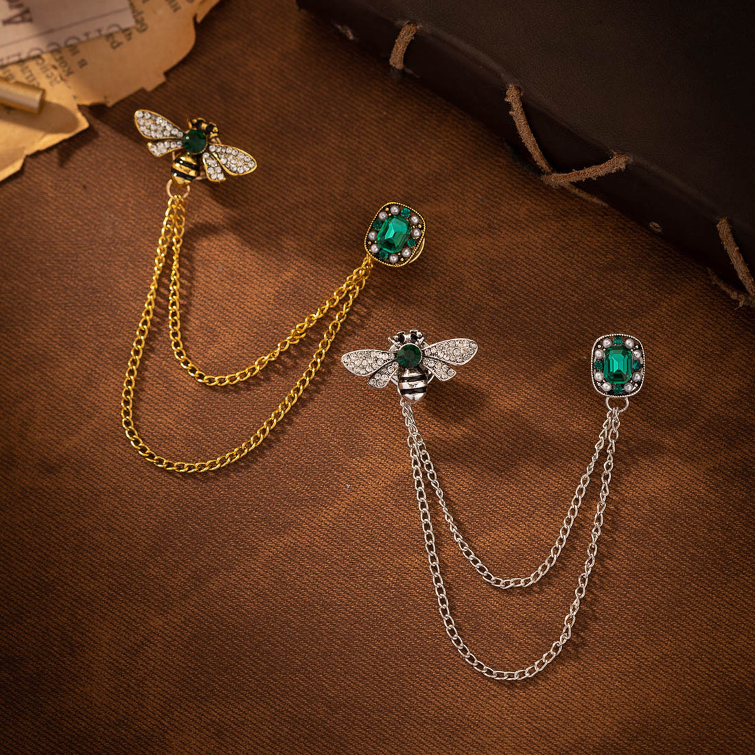 Bee Tassel Diamond-Inlaid Emerald Brooch for Women Suit 2 Pack - Lots of Buttons