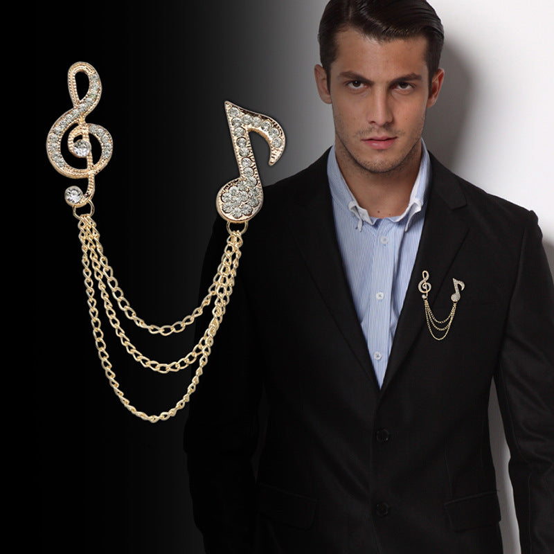 Men's Diamond Music Note Brooch with Tassel Chain 2 Pack - Lots of Buttons