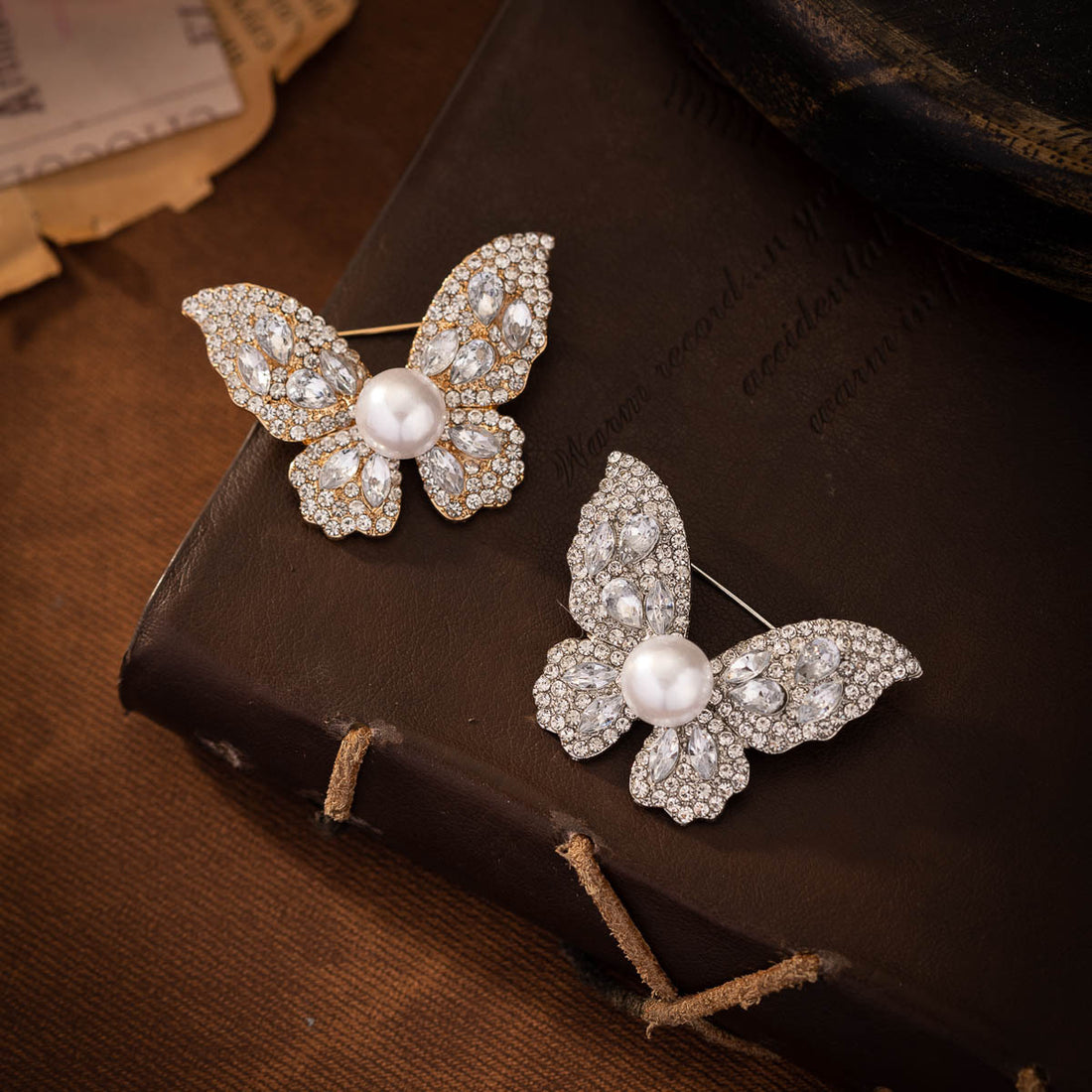 All-Diamond Pearl Butterfly Brooch Gold and Silver 4 Pack - Lots of Buttons