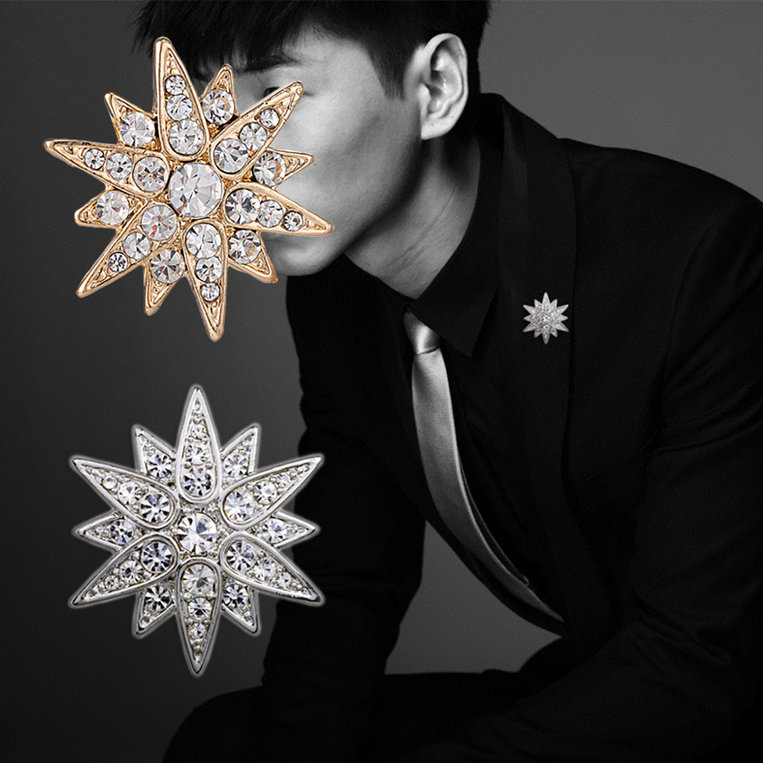 All-Diamond Hexagram Men's Brooch and Shirt Collar Pin 4 Pack - Lots of Buttons