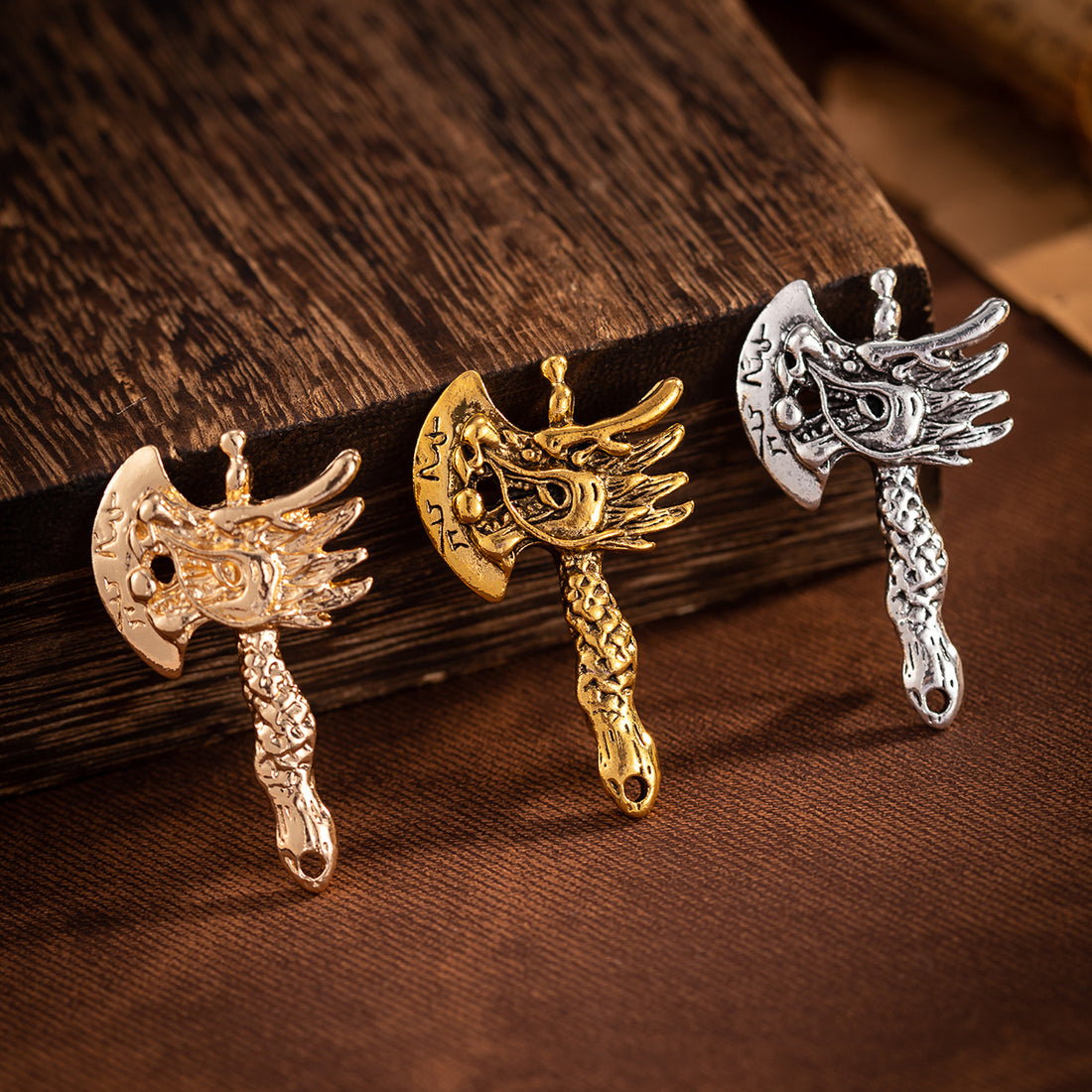 Chinese Vintage Distressed Men's Dragon Head Axe Brooch 3 Pack - Lots of Buttons