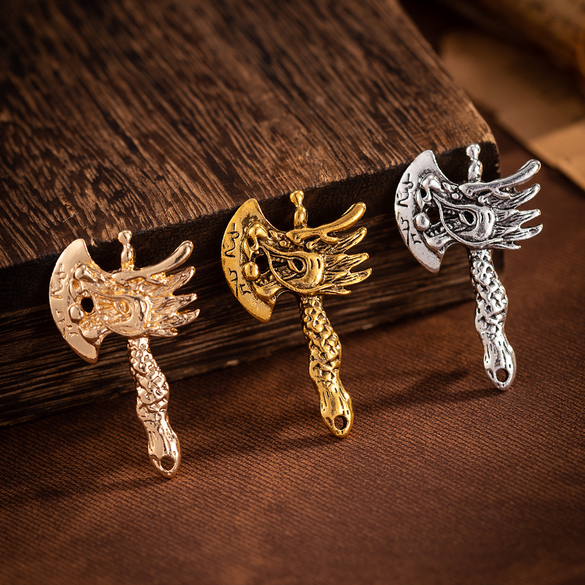 Chinese Vintage Distressed Men's Dragon Head Axe Brooch 3 Pack - Lots of Buttons