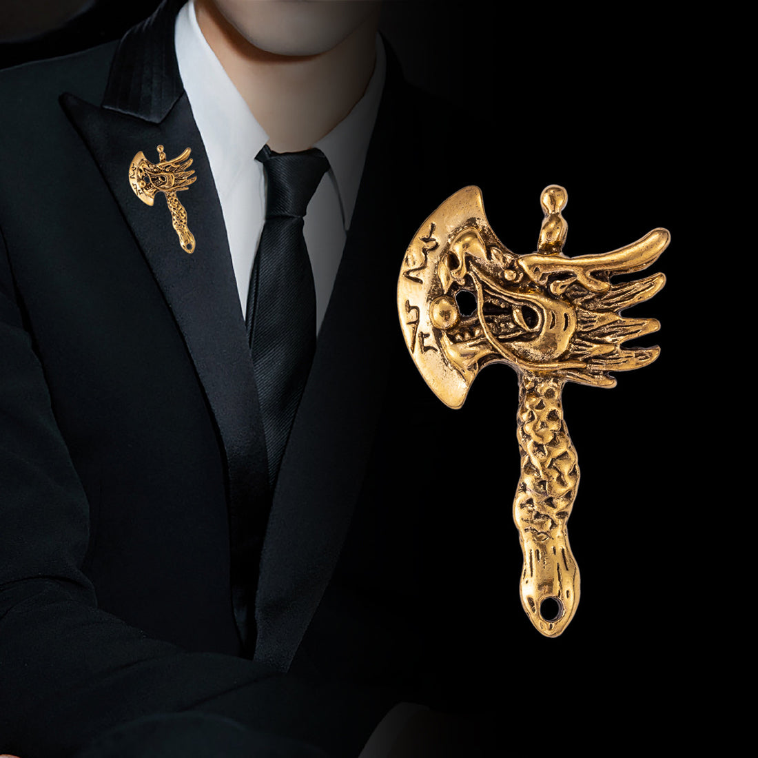 Chinese Vintage Distressed Men's Dragon Head Axe Brooch 3 Pack - Lots of Buttons