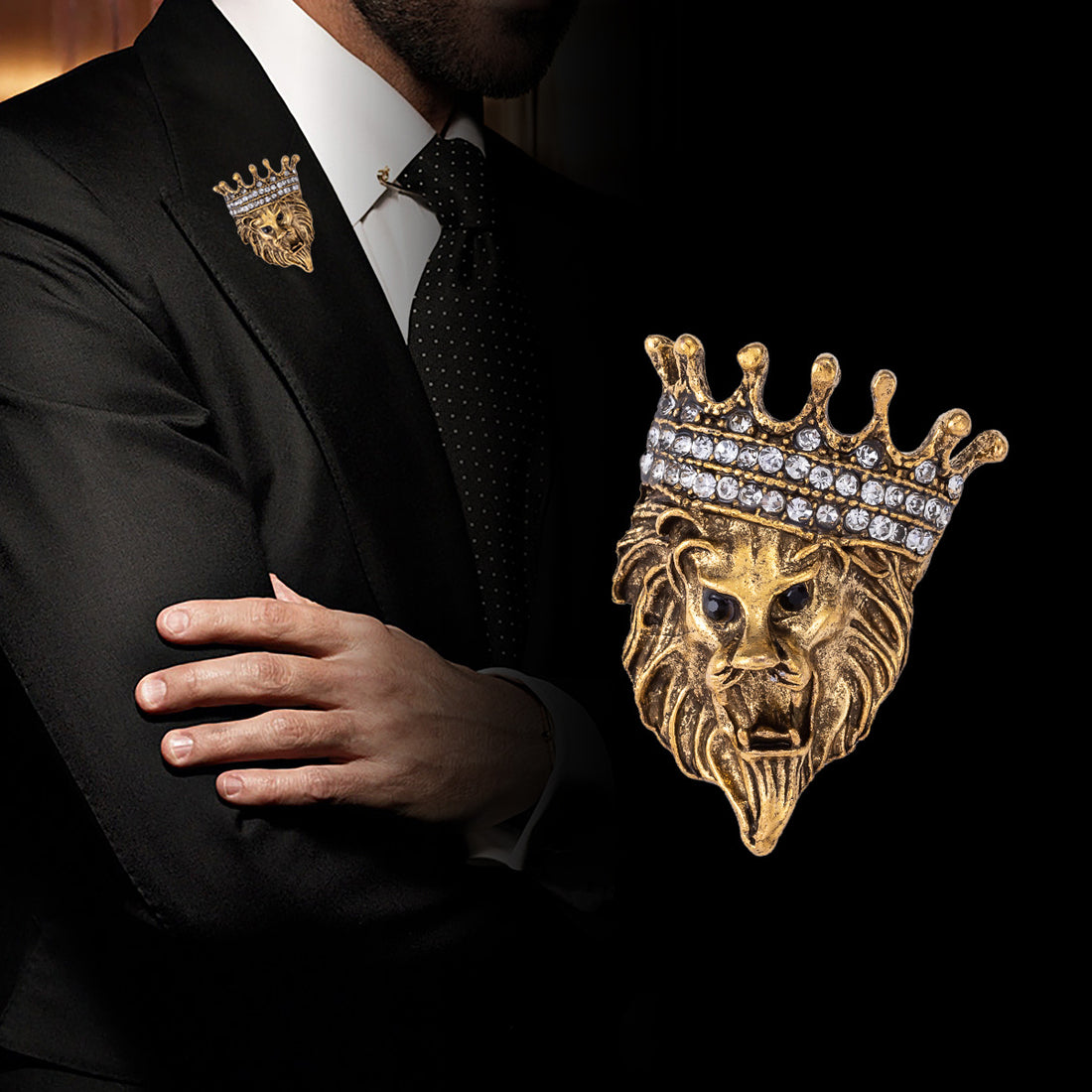 Vintage Lion Head Diamond Crown Pin Badge 4 Pack - Lots of Buttons