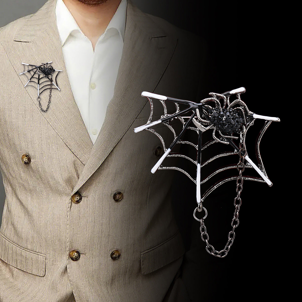 Silver Diamond-Inlaid Spider Web with Chain Creative Brooch 3pcs - Lots of Buttons