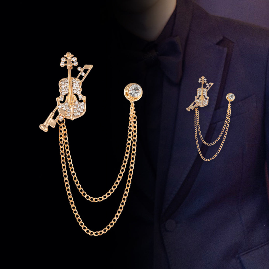 Diamond Violin Brooch Tassel Badge for Men Suits 2 Pack - Lots of Buttons