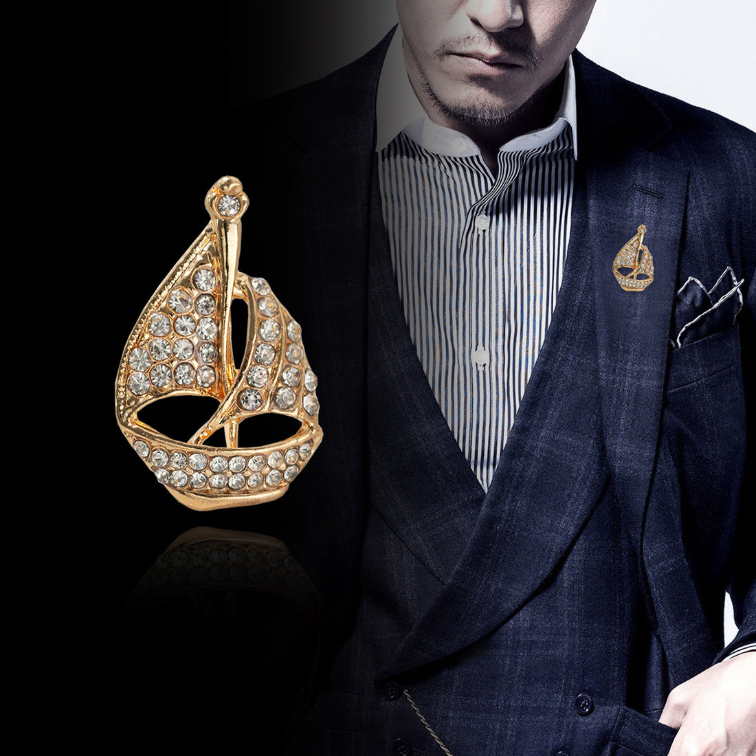 All-Diamond Sailing Boat Design Brooch Men's Suit Pin 4 Pack - Lots of Buttons