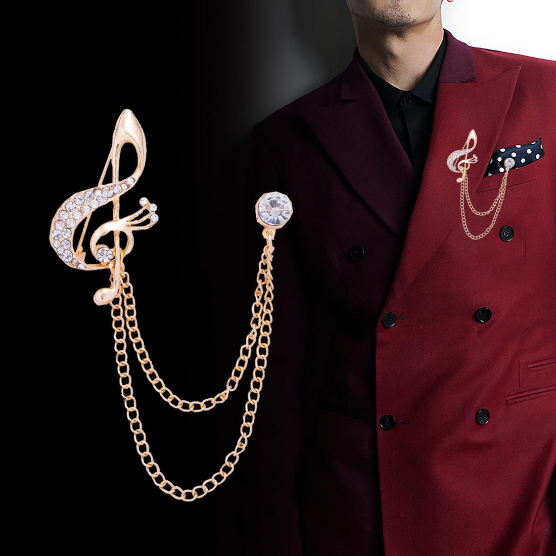 British Style Musical Note Rhinestone Chain Suit Corsage Brooch 3pcs - Lots of Buttons