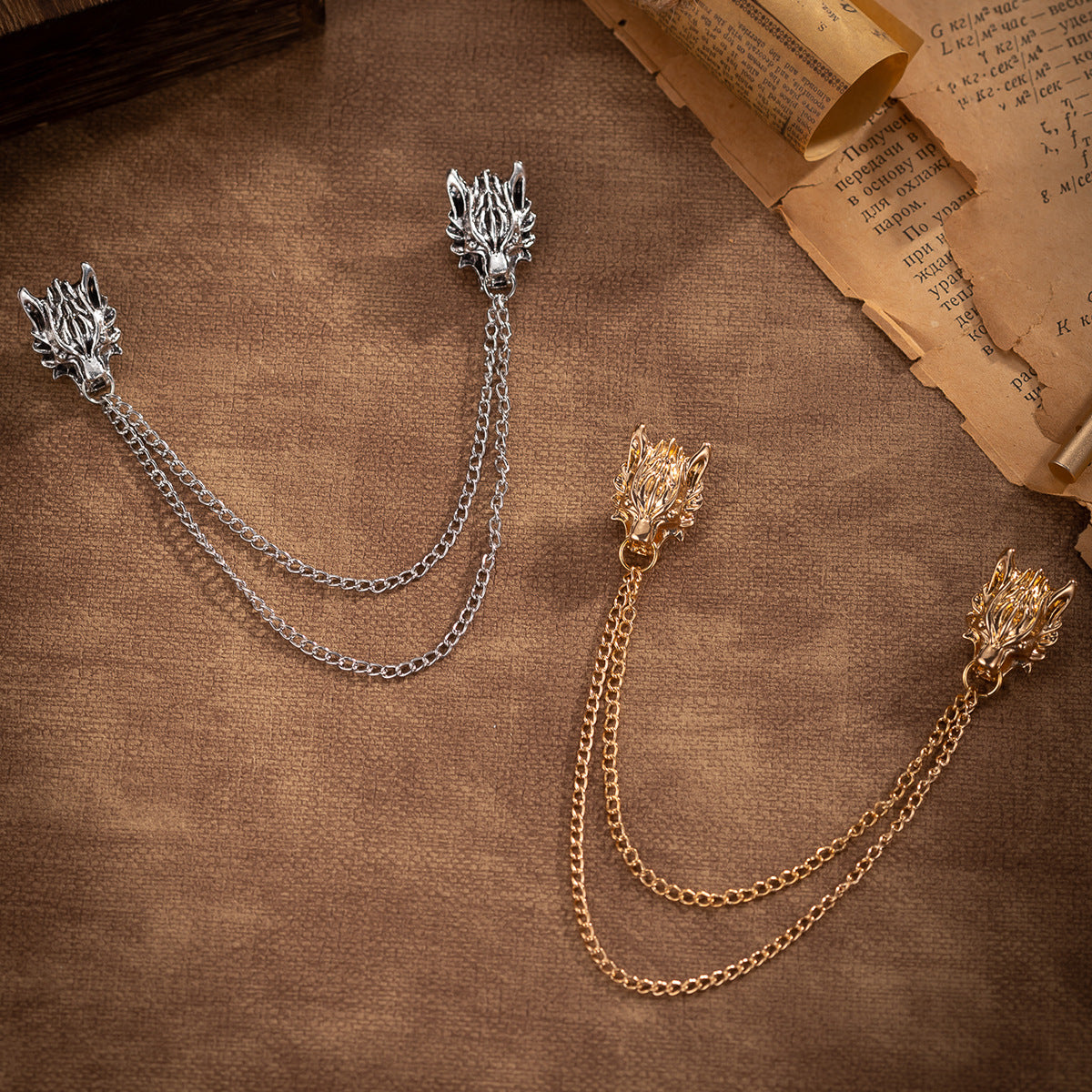 Chain Wolf Head Brooch - Men's Vintage Creative Suit Lapel Pin 3pcs - Lots of Buttons