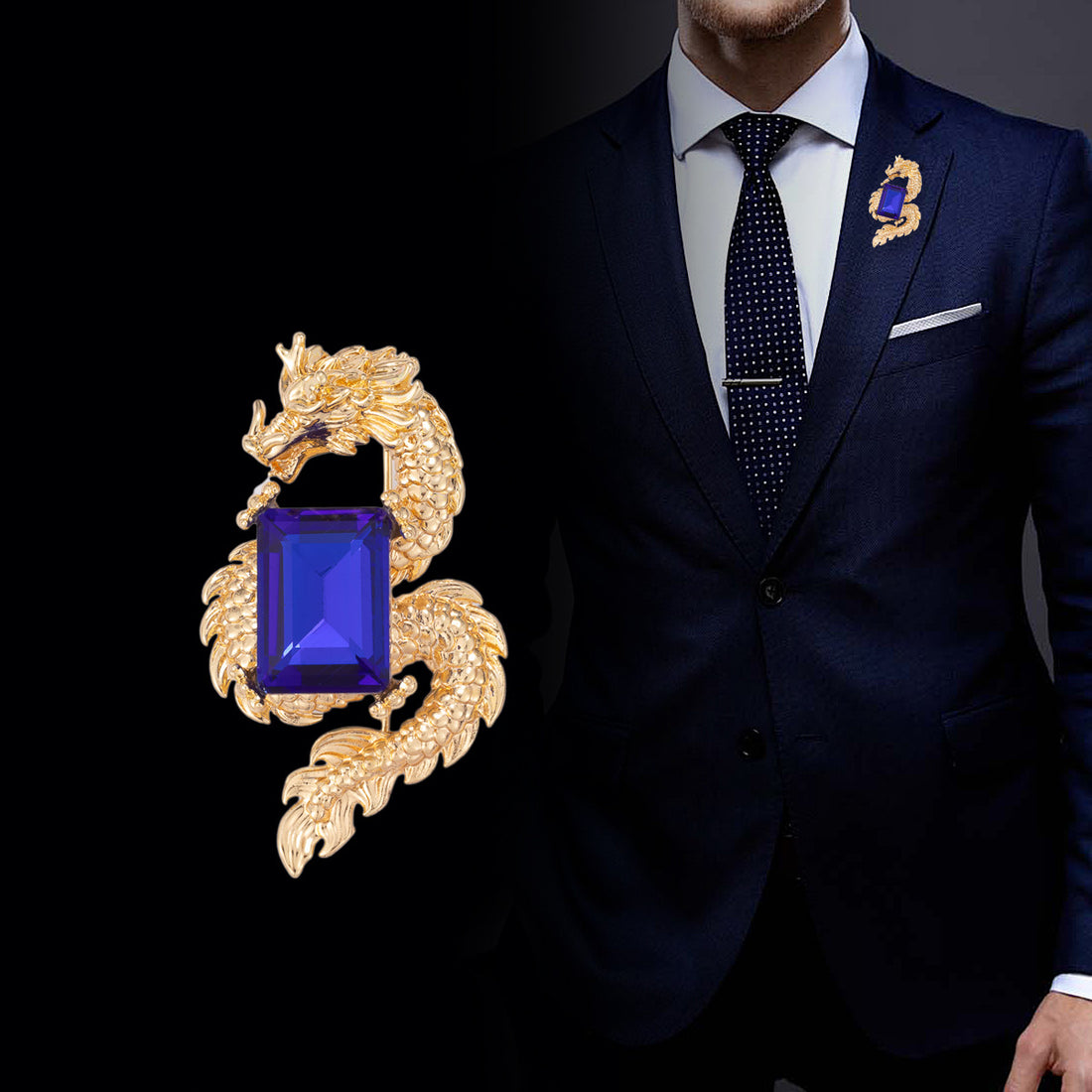 Golden Chinese Dragon Inlaid with Blue Crystal Brooch 3pcs - Lots of Buttons