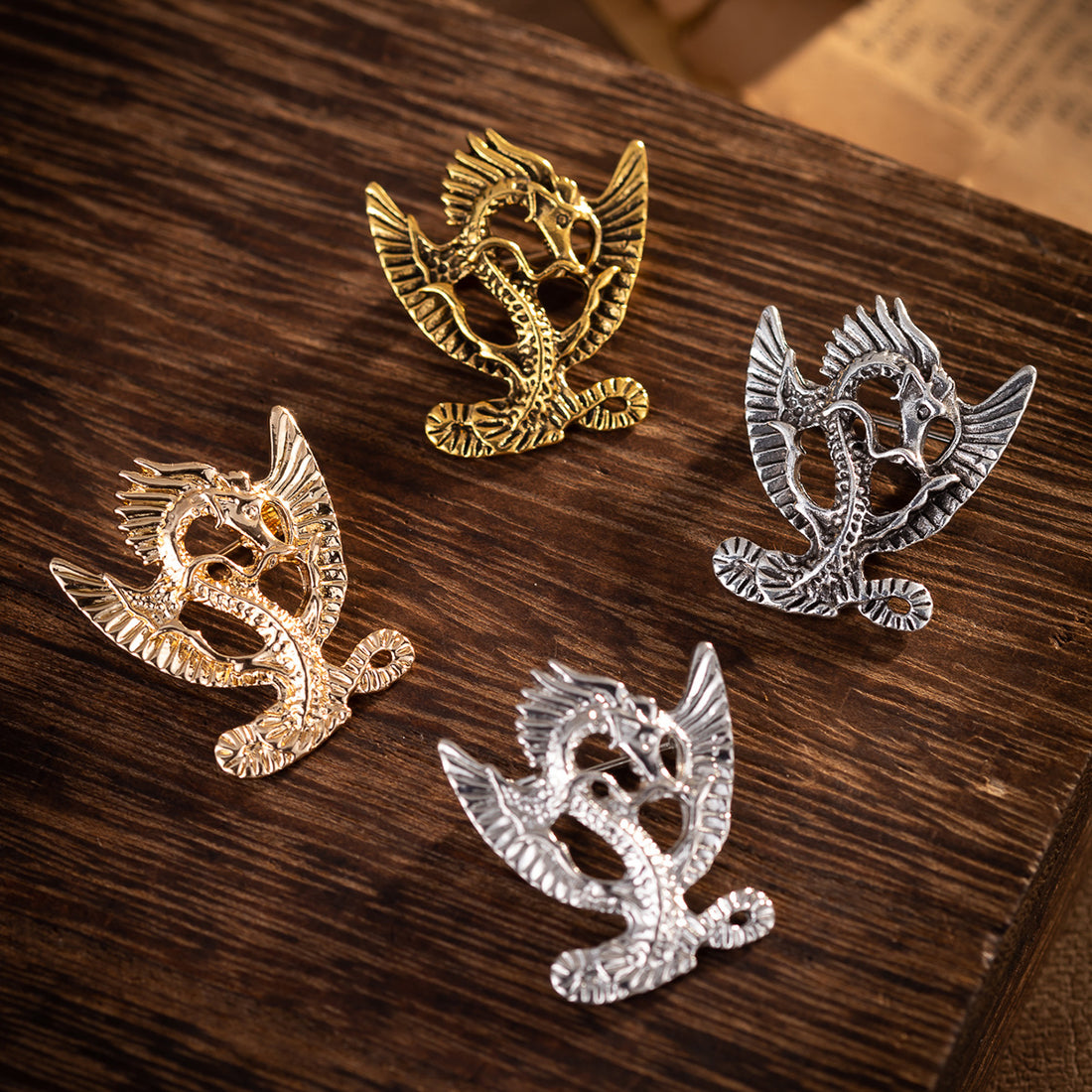 Men's Vintage Palace Style Flying Dragon Brooch 4 Color Pack - Lots of Buttons