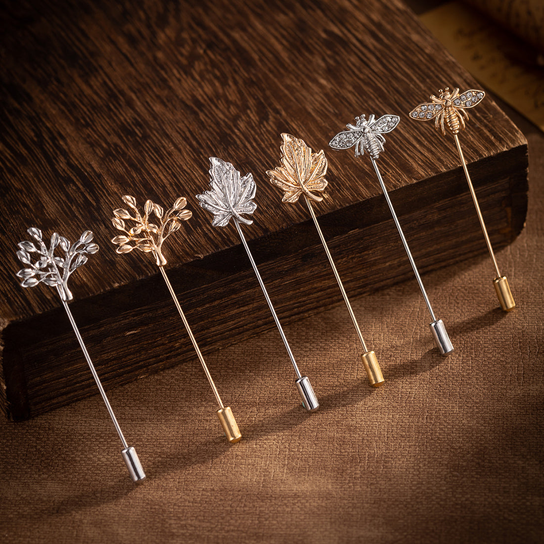 Simple Gold and Silver Pin Bee Tree and Maple Leaf Brooch 6 Pack - Lots of Buttons