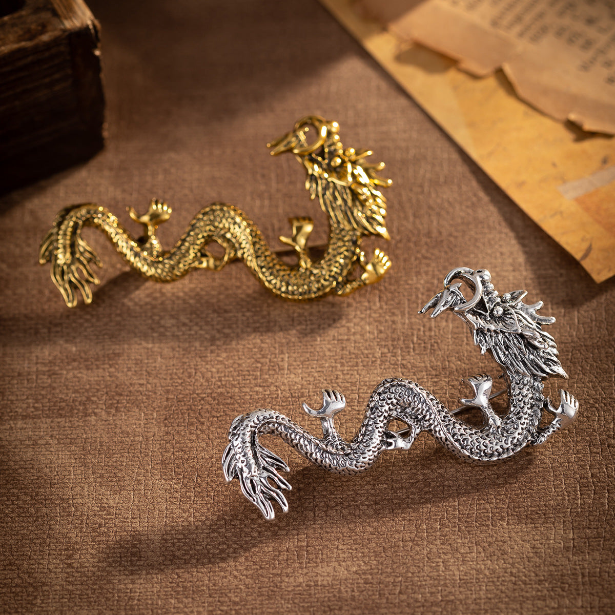 Chinese Style Zodiac Dragon Totem Retro Gold Silver Brooch 3pcs - Lots of Buttons