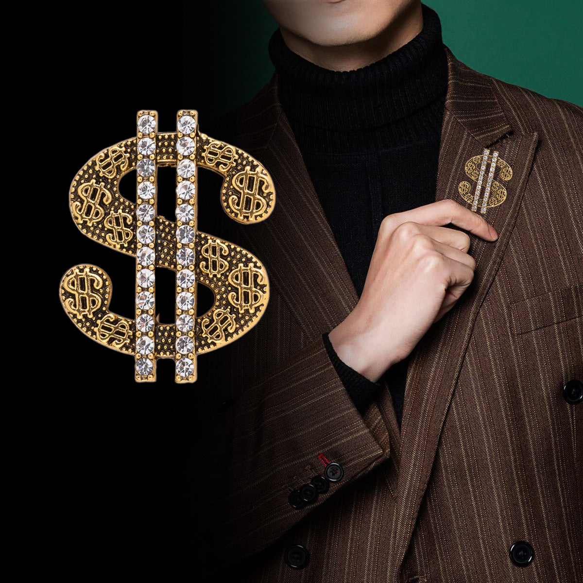 "Get Rich" Dollar Brooch - Gold and Silver 2-Piece Set - Lots of Buttons