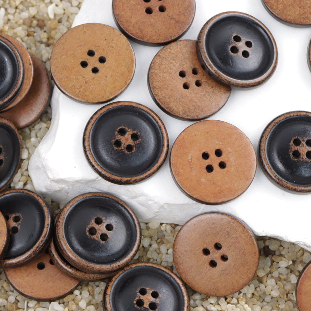 Botones de madera vintage lacados en negro de 20 mm con 4 agujeros, 30 piezas