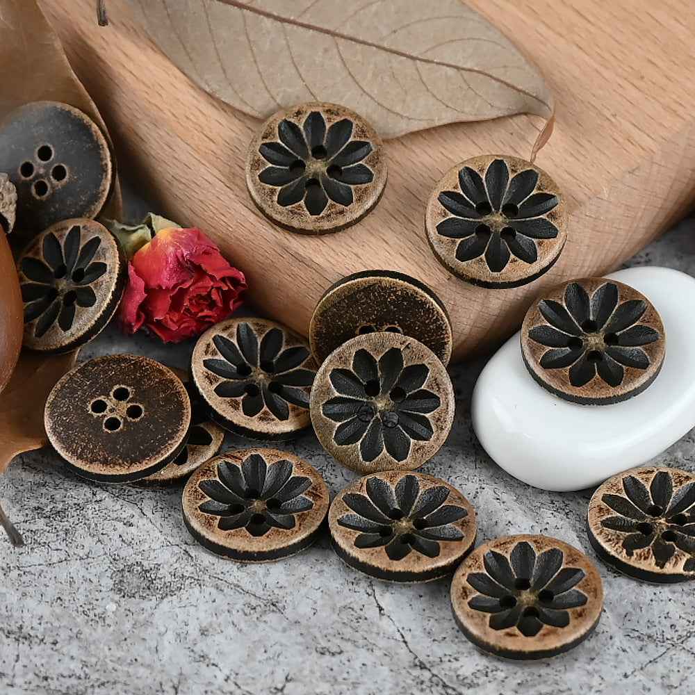 11-20mm Vintage Distressed Laser Engraved Wood Buttons for Children's Clothing 50pcs - Lots of Buttons