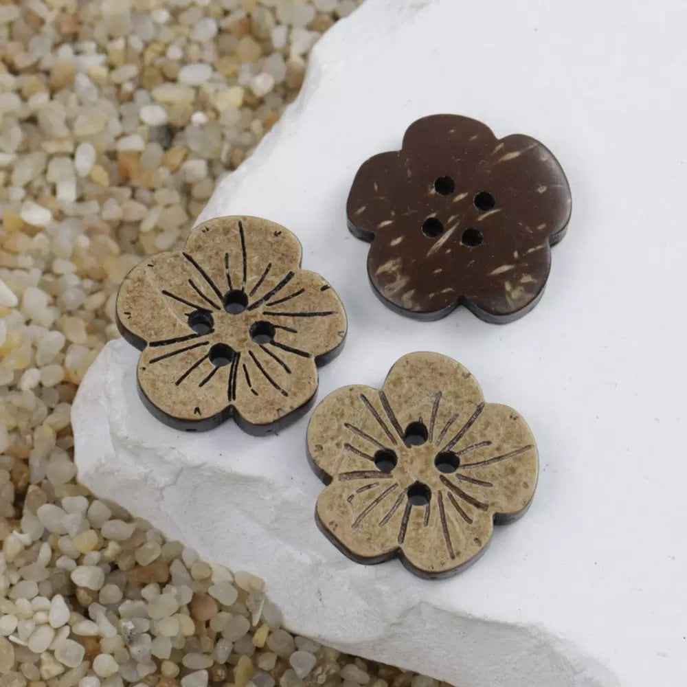 17/22mm Dark Brown Flower Shaped Coconut Shell Buttons for Children's Clothing 60pcs - Lots of Buttons