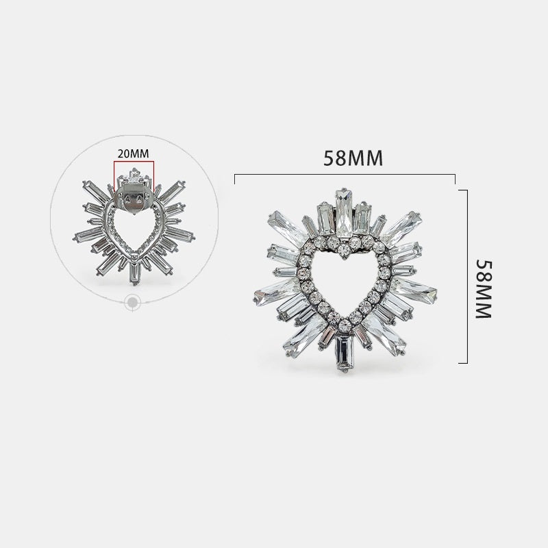 Rhinestone heart shoe buckles, silver heart with spike stones, 58mm x 20mm