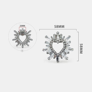 Rhinestone heart shoe buckles, silver heart with spike stones, 58mm x 20mm