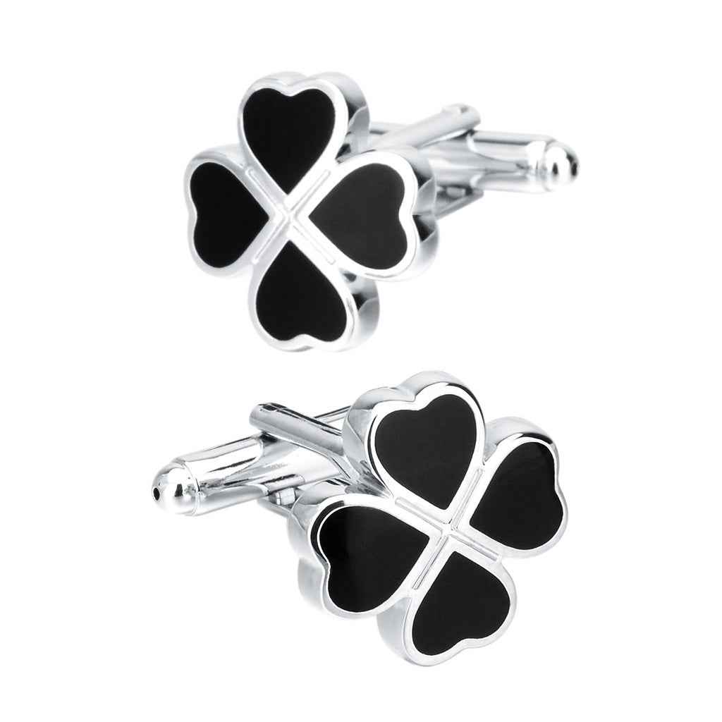 Black Enamel Four-Leaf Clover Cufflinks for Lucky Men
