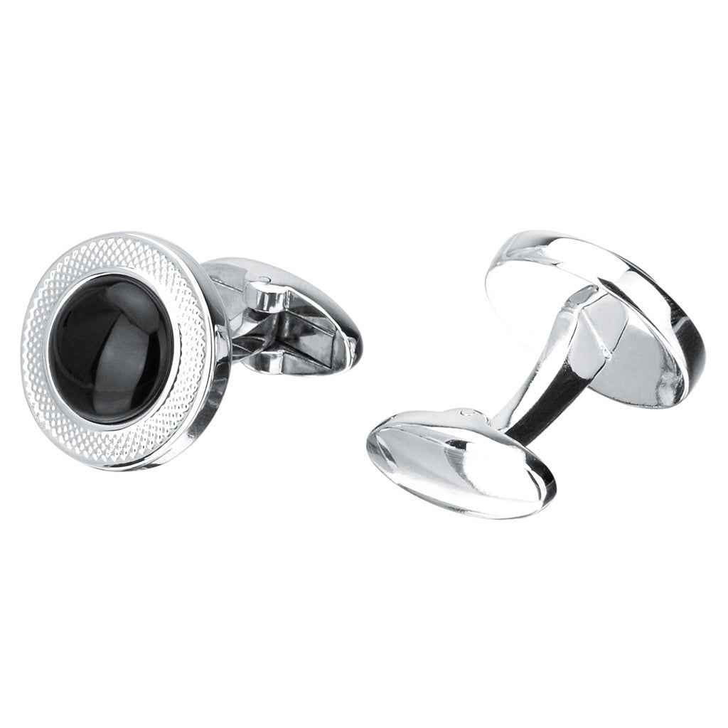 18mm Copper Round Cufflinks with Engraved Floral Pattern Onyx Stone