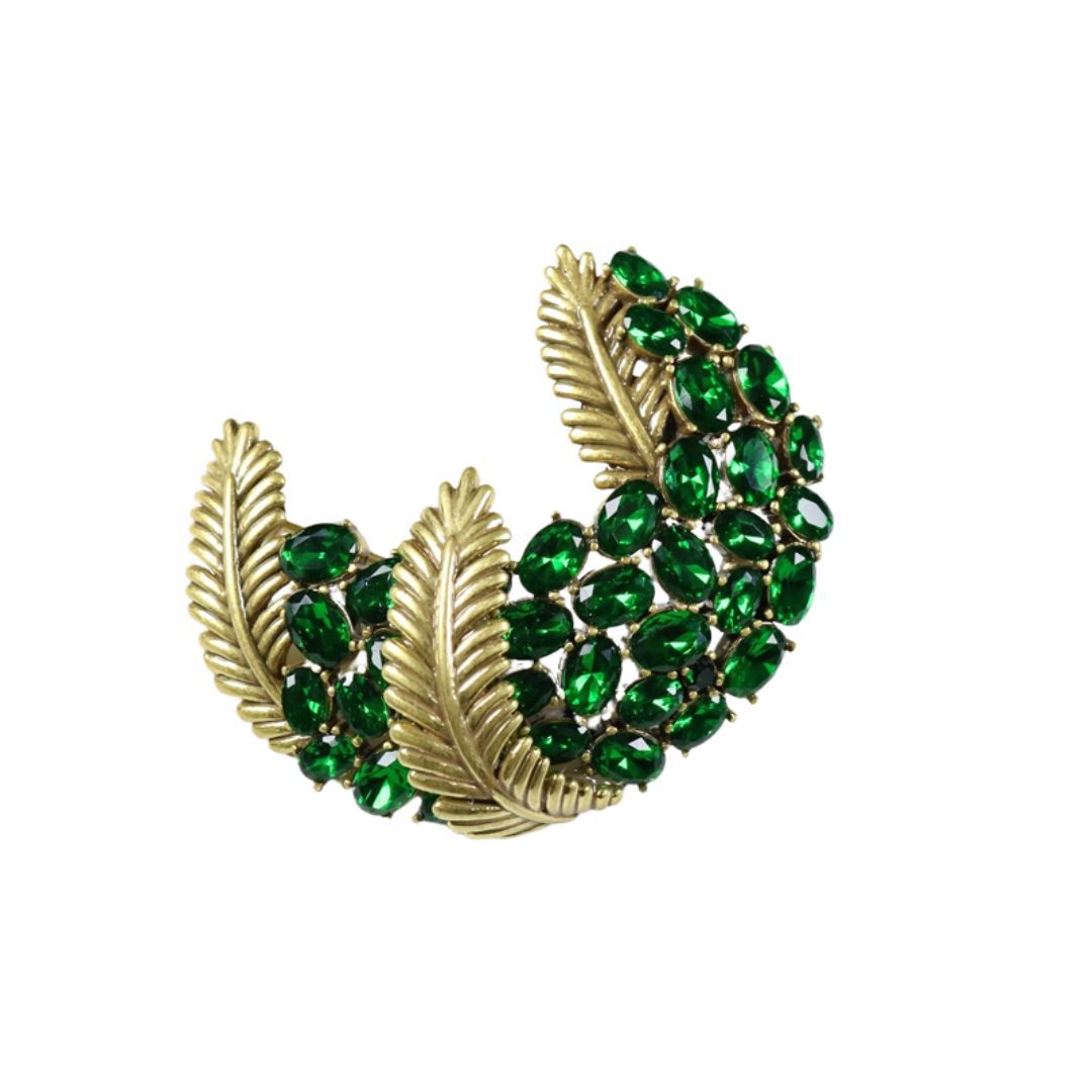 Zöld és kék strasszkövekkel díszített réz tollbross