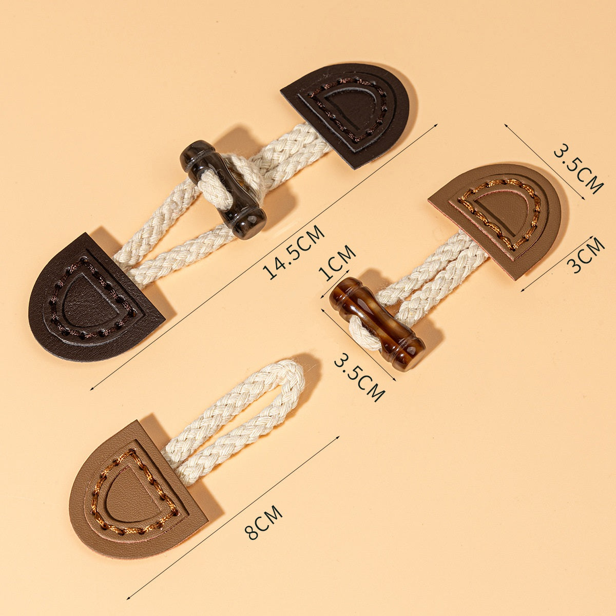 14,5 cm beige, braun und dunkelkaffee Leder Aufnähknöpfe 8 Stück