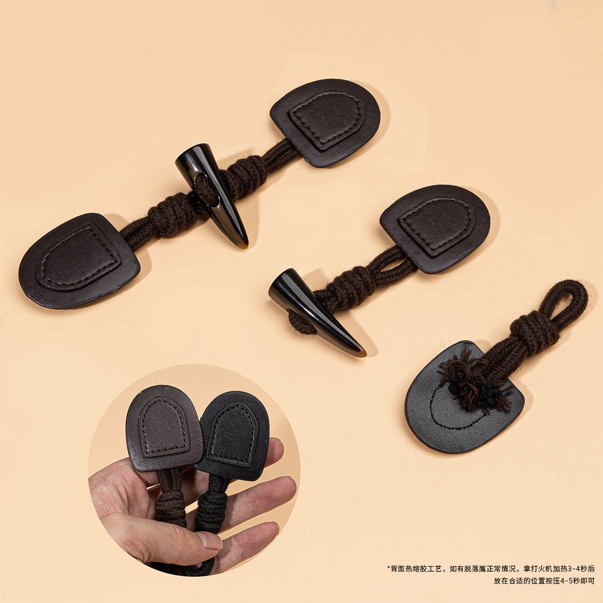 Botones de cuero negro oscuro de 20 cm con cuerno de resina, 6 piezas