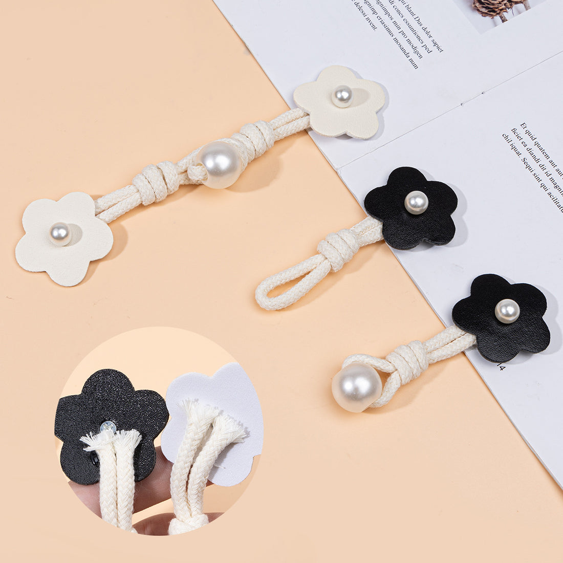 17,5 cm Beige Schwarz Pink Leder Aufnäh-Knöpfe mit Perlen-Schnalle 6 Stück