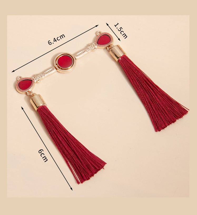6.4cm Chinese Golden Metal Hanfu Frog Buttons with Red Tassel 10pcs